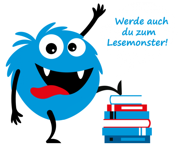 LBZ LS21 Blaues Monster Mit Buecherstapel Und Sprechblase Werde Auch Du Zum Lesemonster 600x472